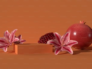 a pomegranate and two pieces of fruit on a brown background