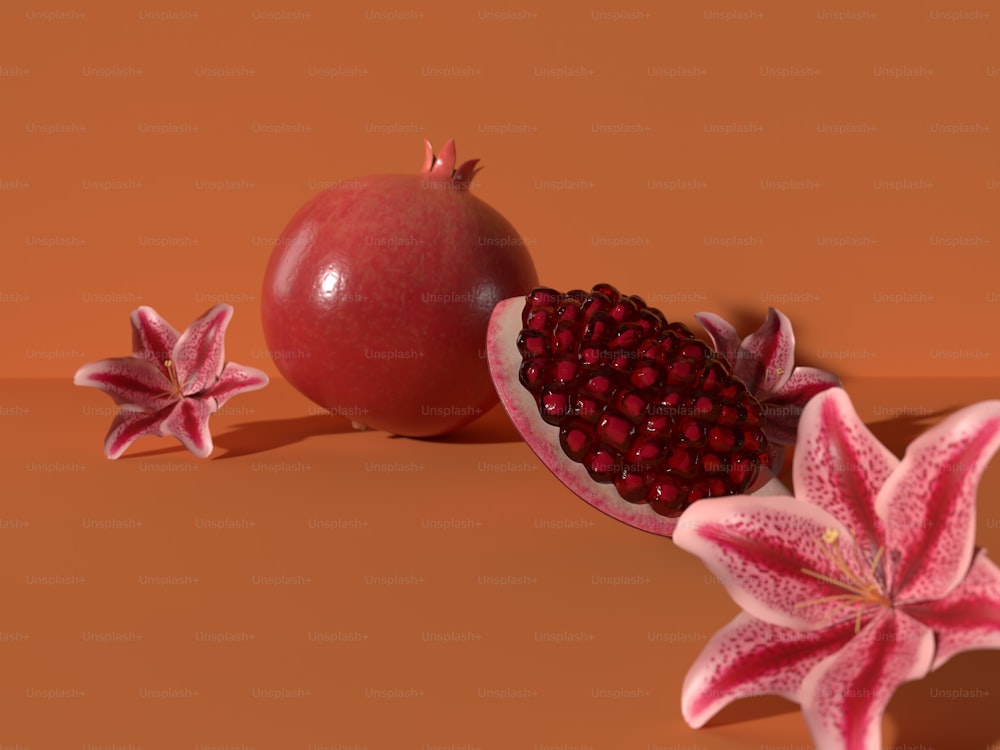 a pomegranate and a flower on a brown background