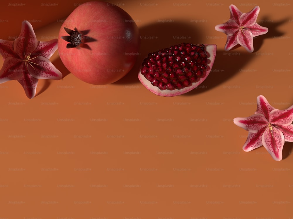 a pomegranate and two pieces of fruit on a brown background