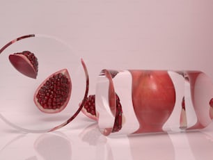 a pomegranate sliced in half on a white surface