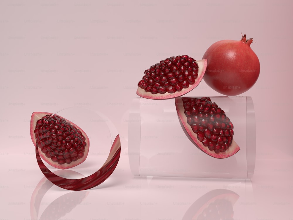 a pomegranate and a piece of ribbon on a white surface