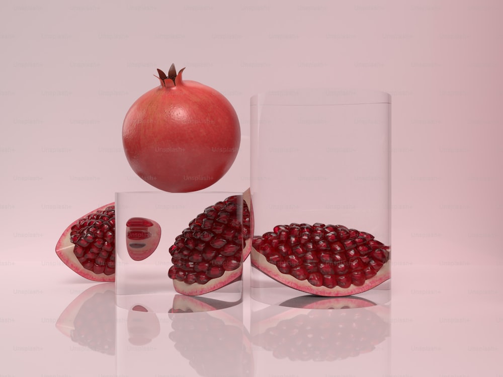 a pomegranate in a glass with a piece cut out of it