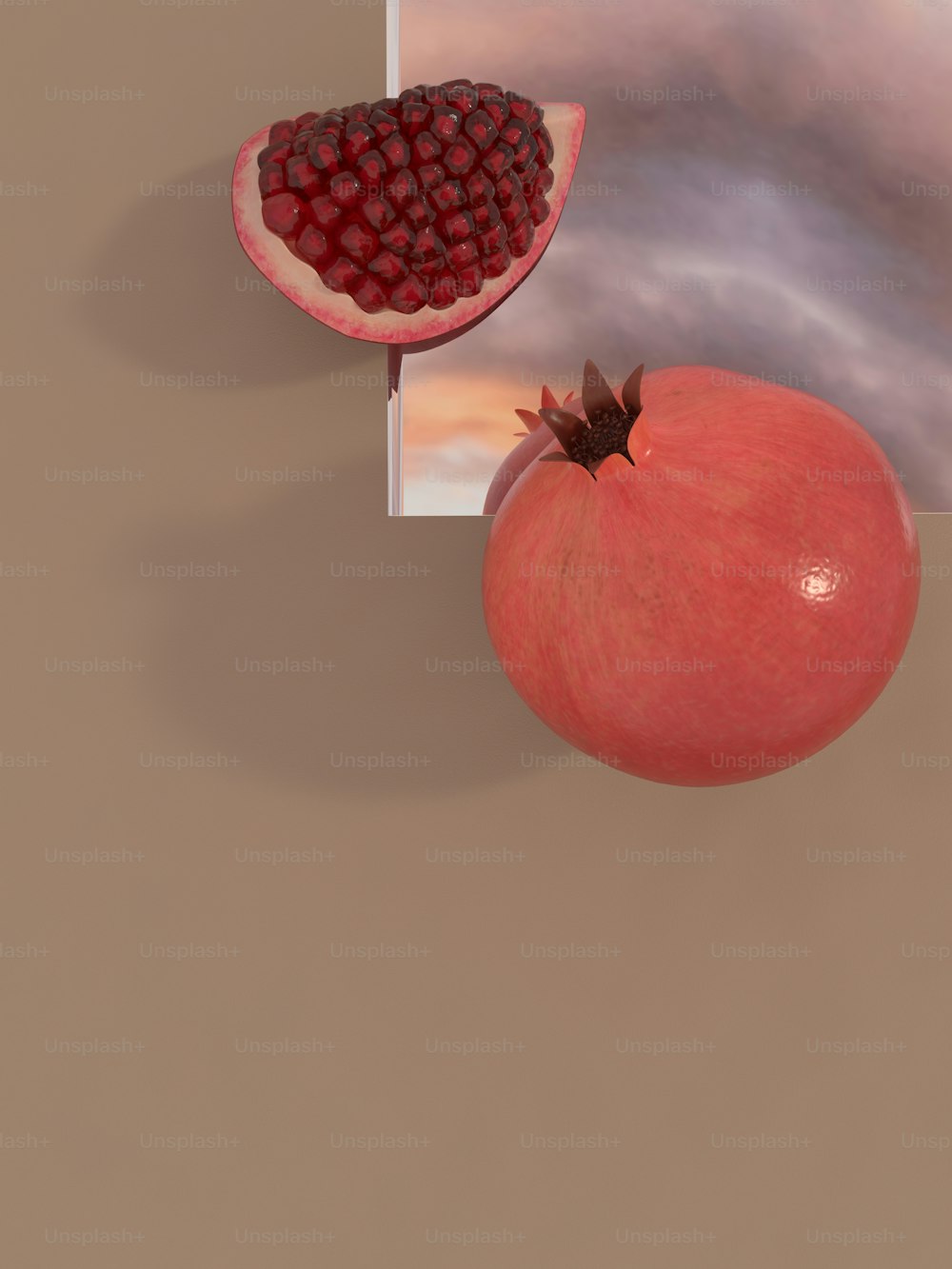 a picture of a pomegranate and a piece of fruit