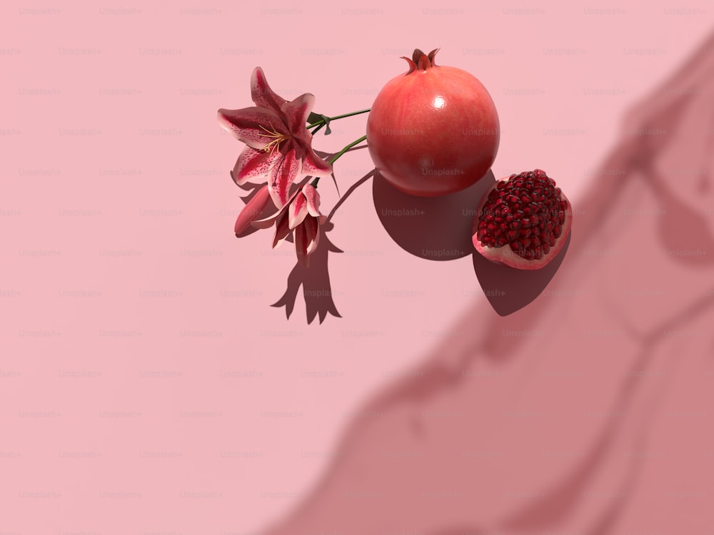 uma romã e uma flor em um fundo rosa
