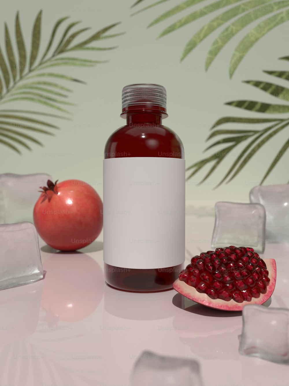 a bottle of pomegranate next to a pomegranate on a