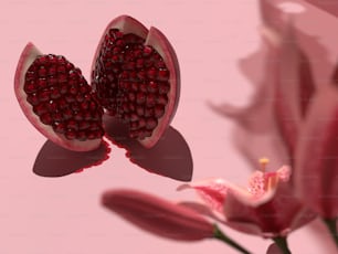 a close up of a pomegranate on a flower