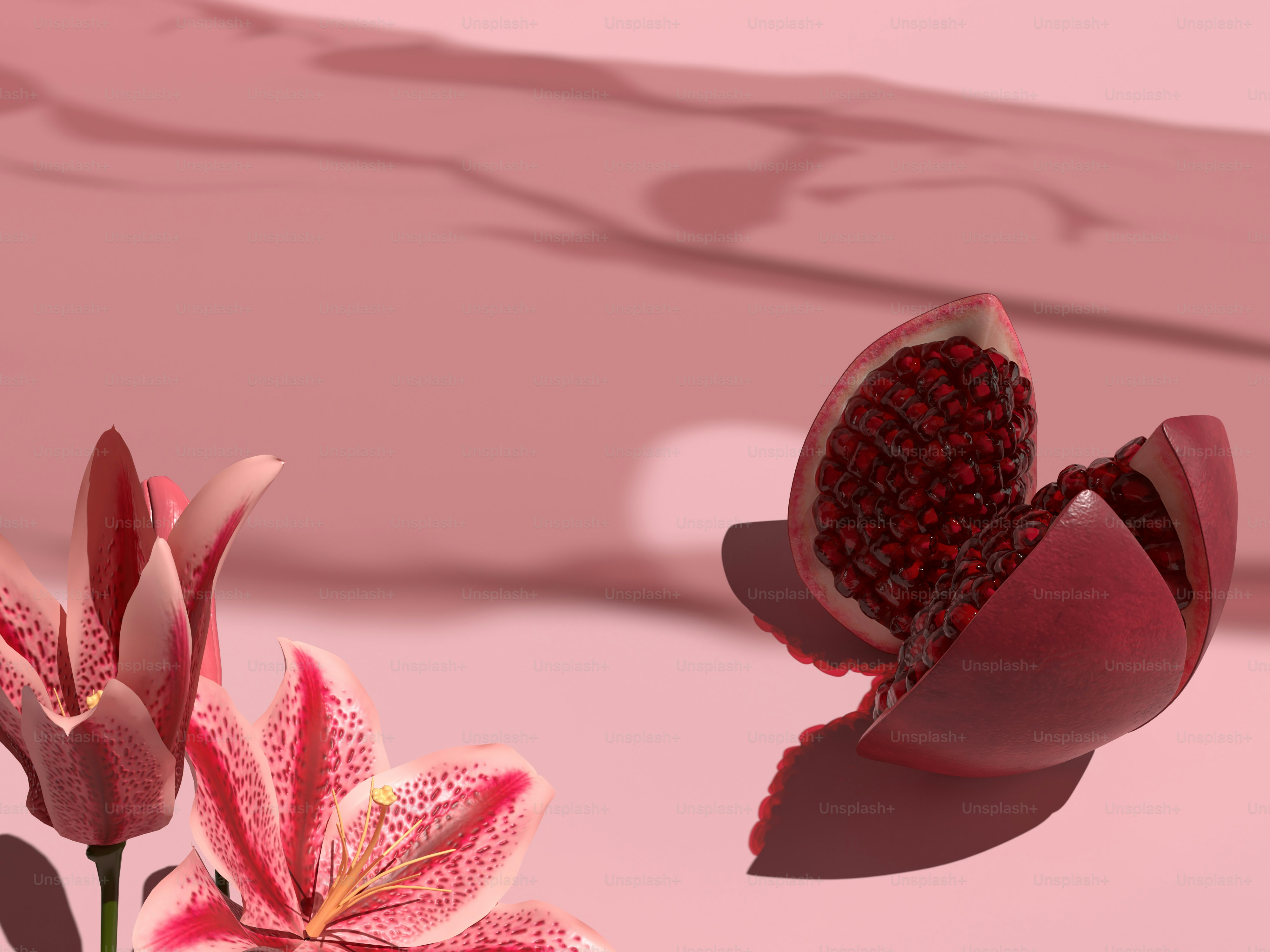 a close up of a flower and a piece of fruit