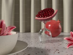 a table topped with a bowl of pomegranate and a vase filled with
