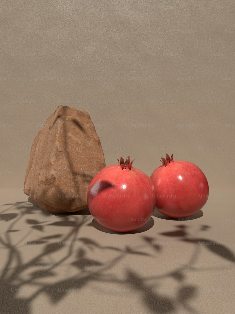 a couple of tomatoes sitting next to a rock