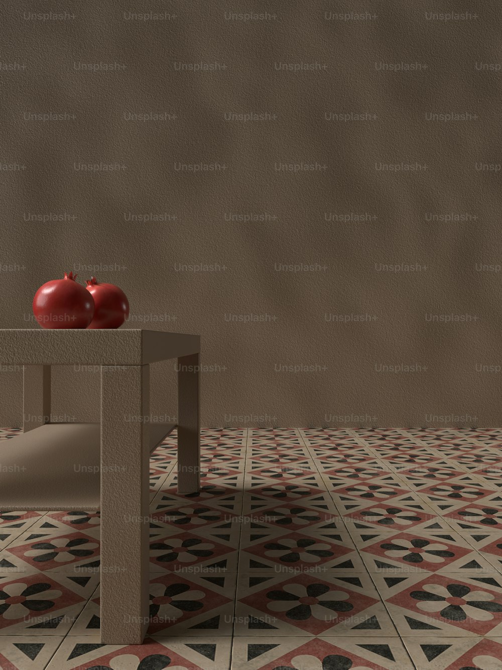 a table with two apples on top of it