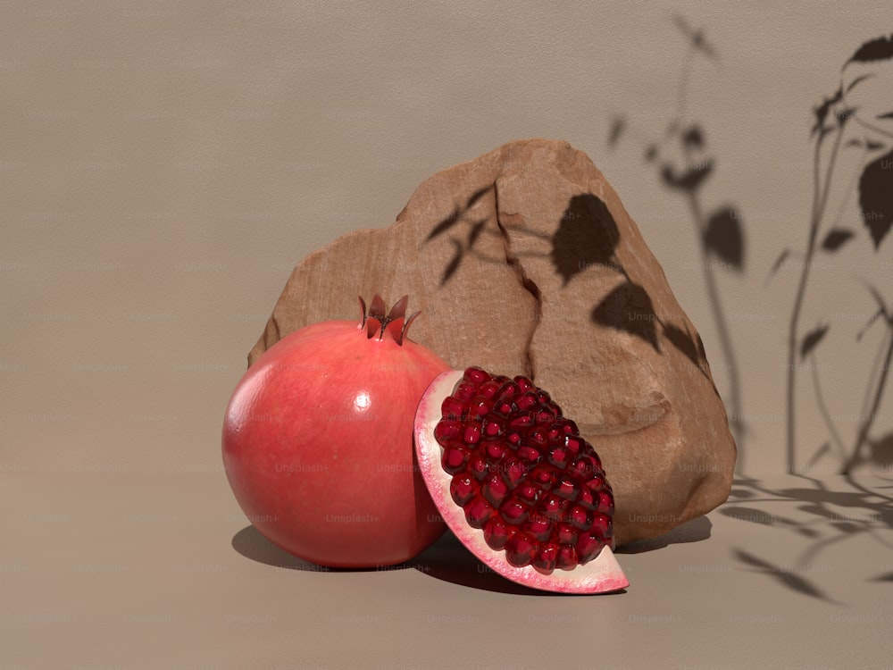 a pomegranate and a rock on a table