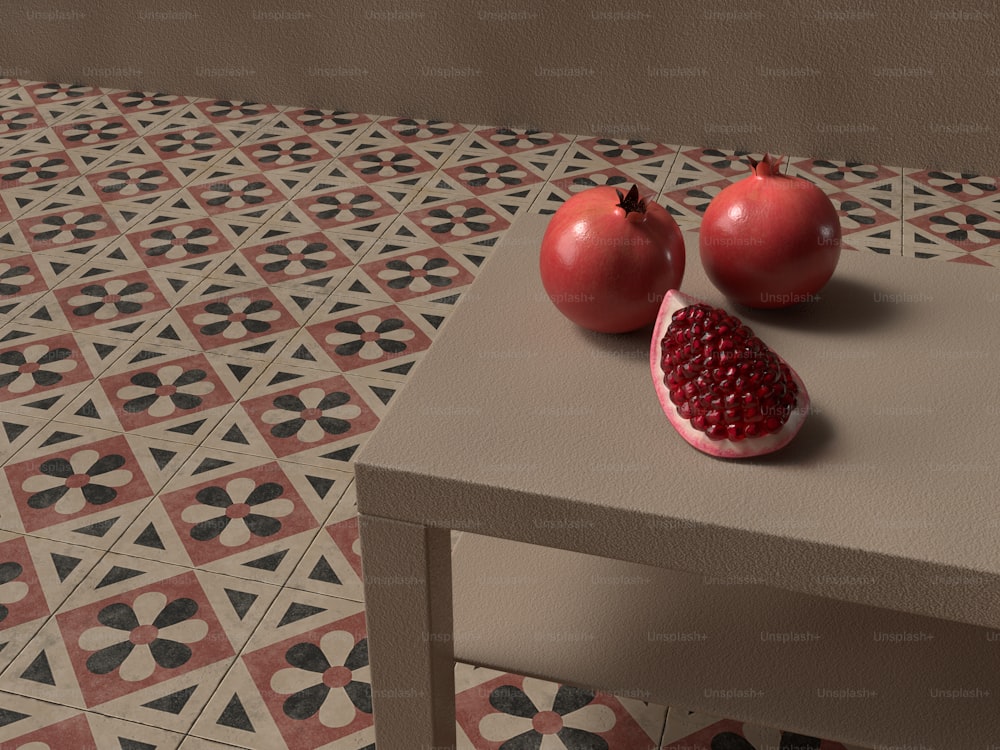 Zwei Granatäpfel sitzen auf einem Tisch