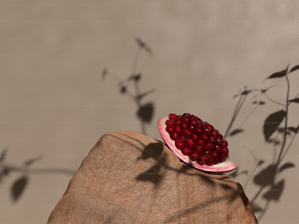 a pomegranate sitting on top of a piece of wood