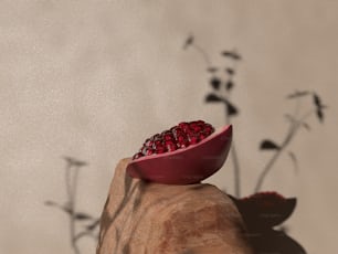 a red bowl with some pomegranates on top of it