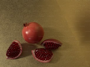 a pomegranate and a whole pomegranate on a table