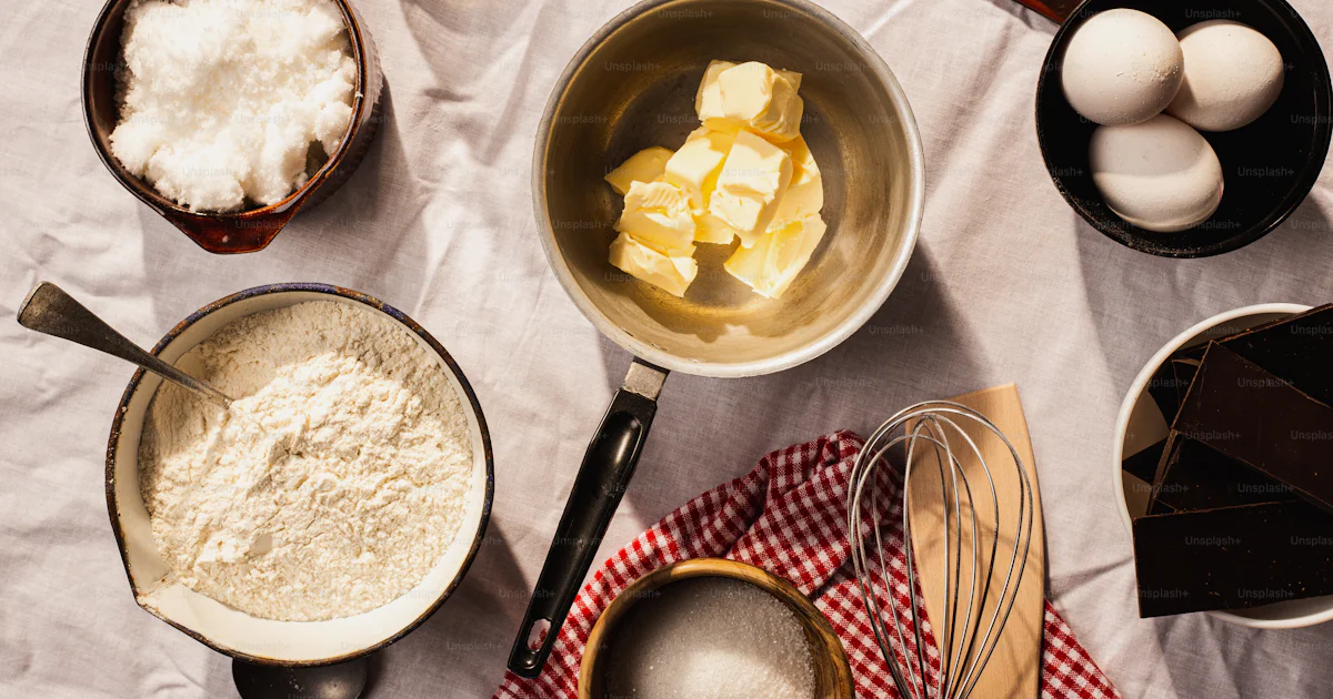 A table topped with bowls of food and utensils photo – Baking cookies ...