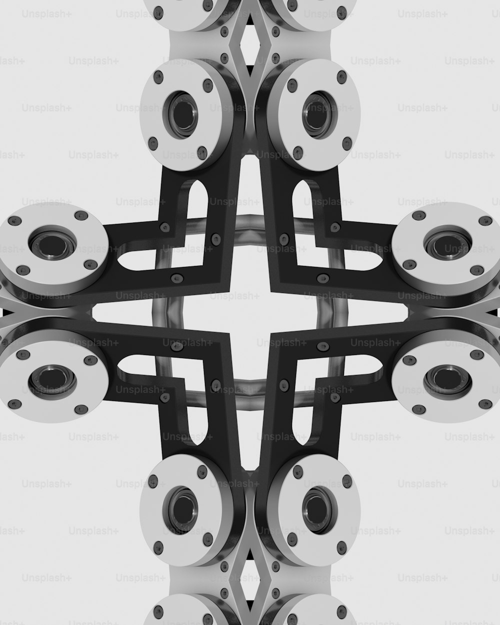 a black and white image of a cross made out of gears