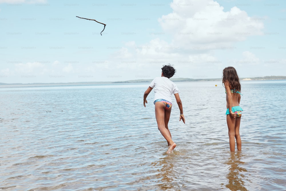 Dos niños jugando en el agua en la playa