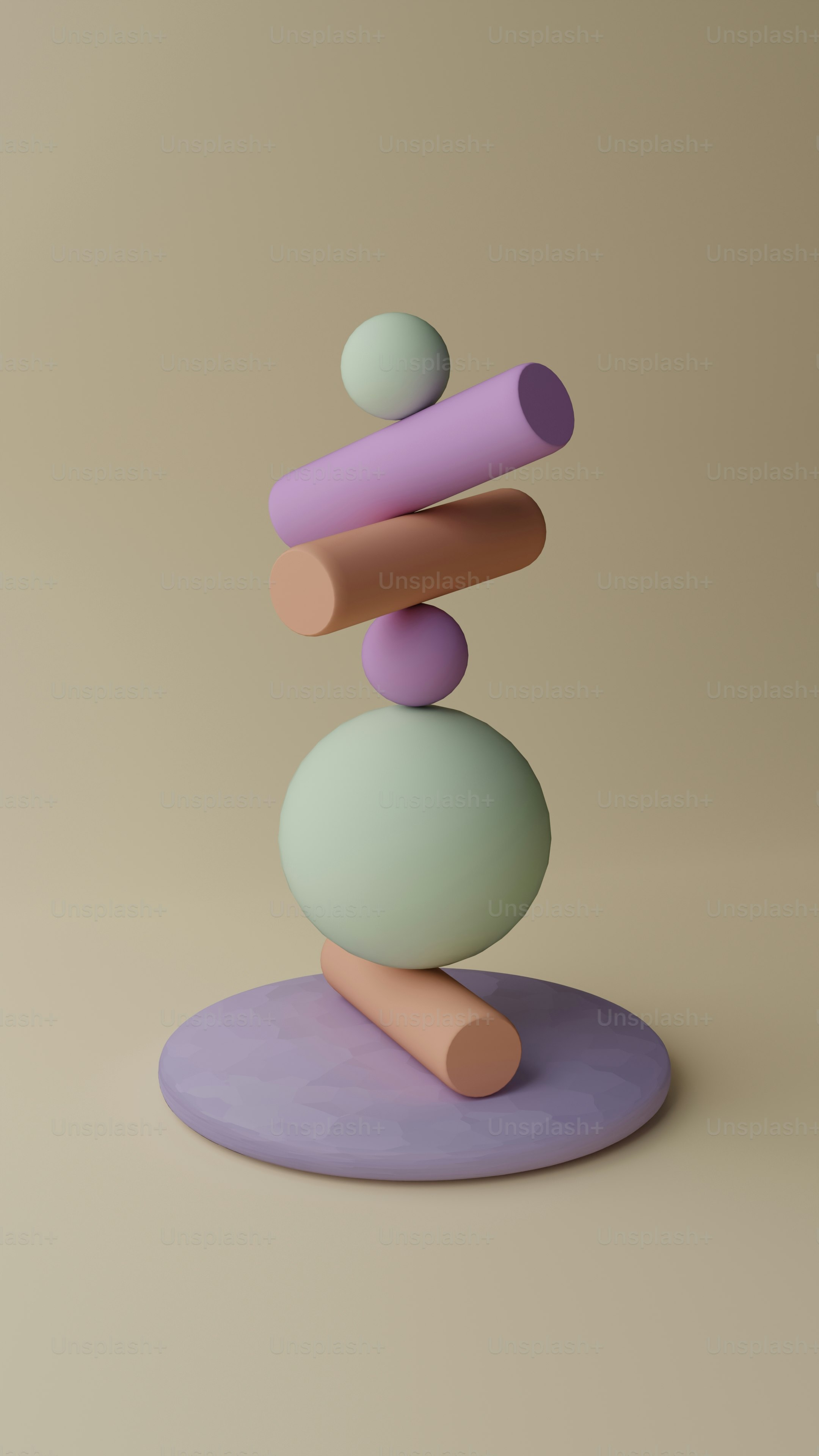 a stack of rocks sitting on top of a purple plate