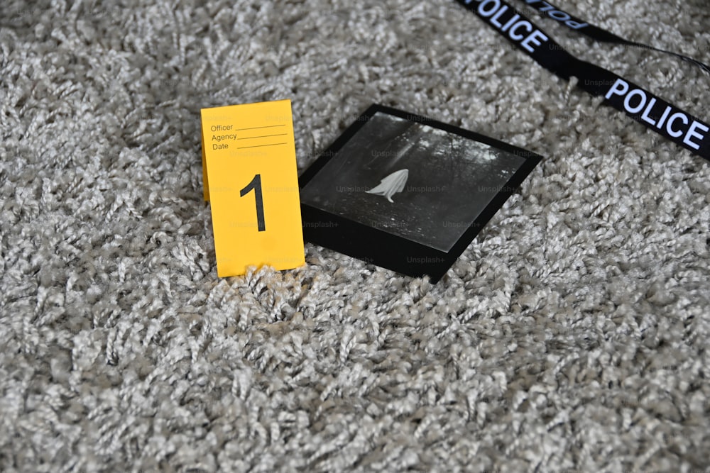 ein Schwarz-Weiß-Foto eines Polizeiabzeichens auf einem Teppich