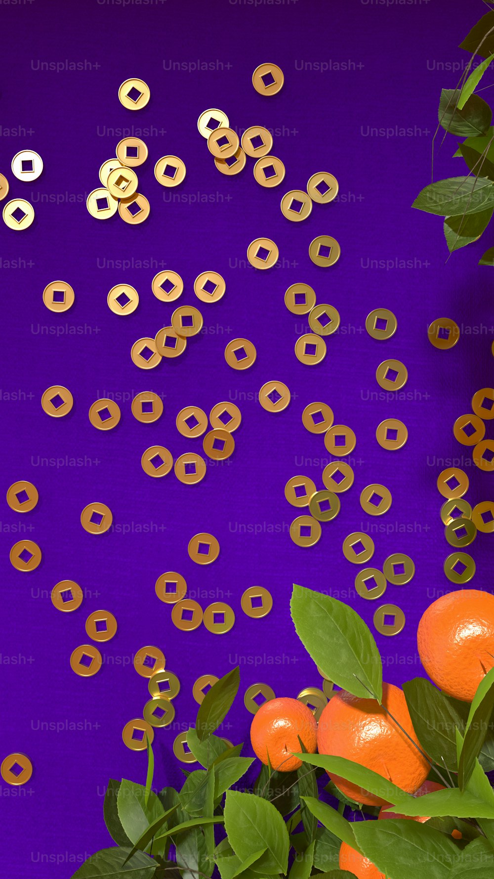 a bunch of oranges and some leaves on a purple background
