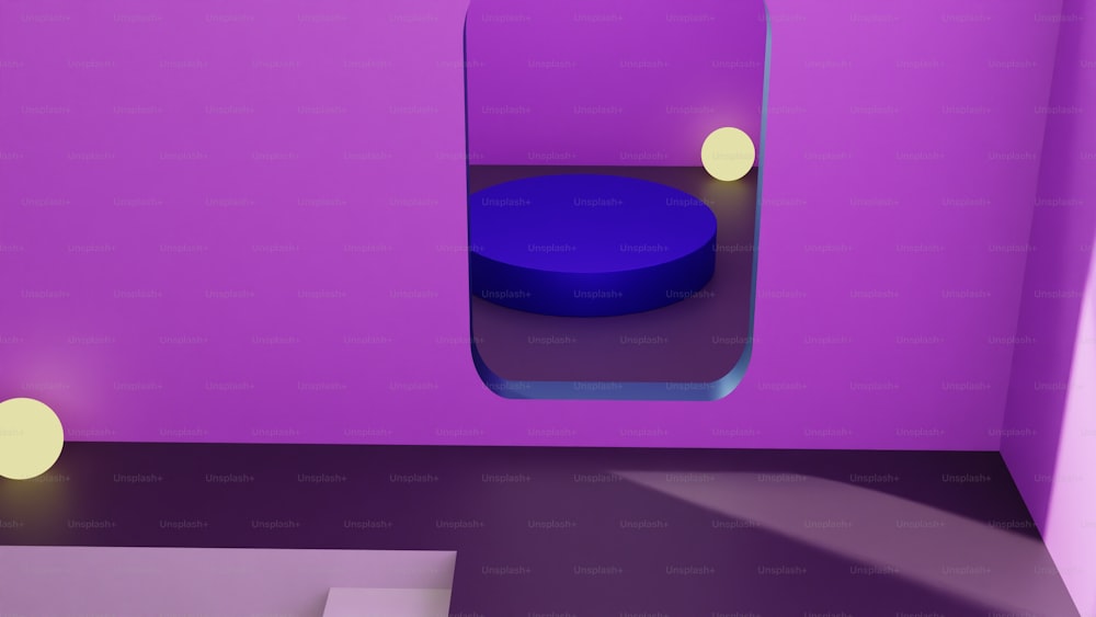 a purple room with a round table and two lights