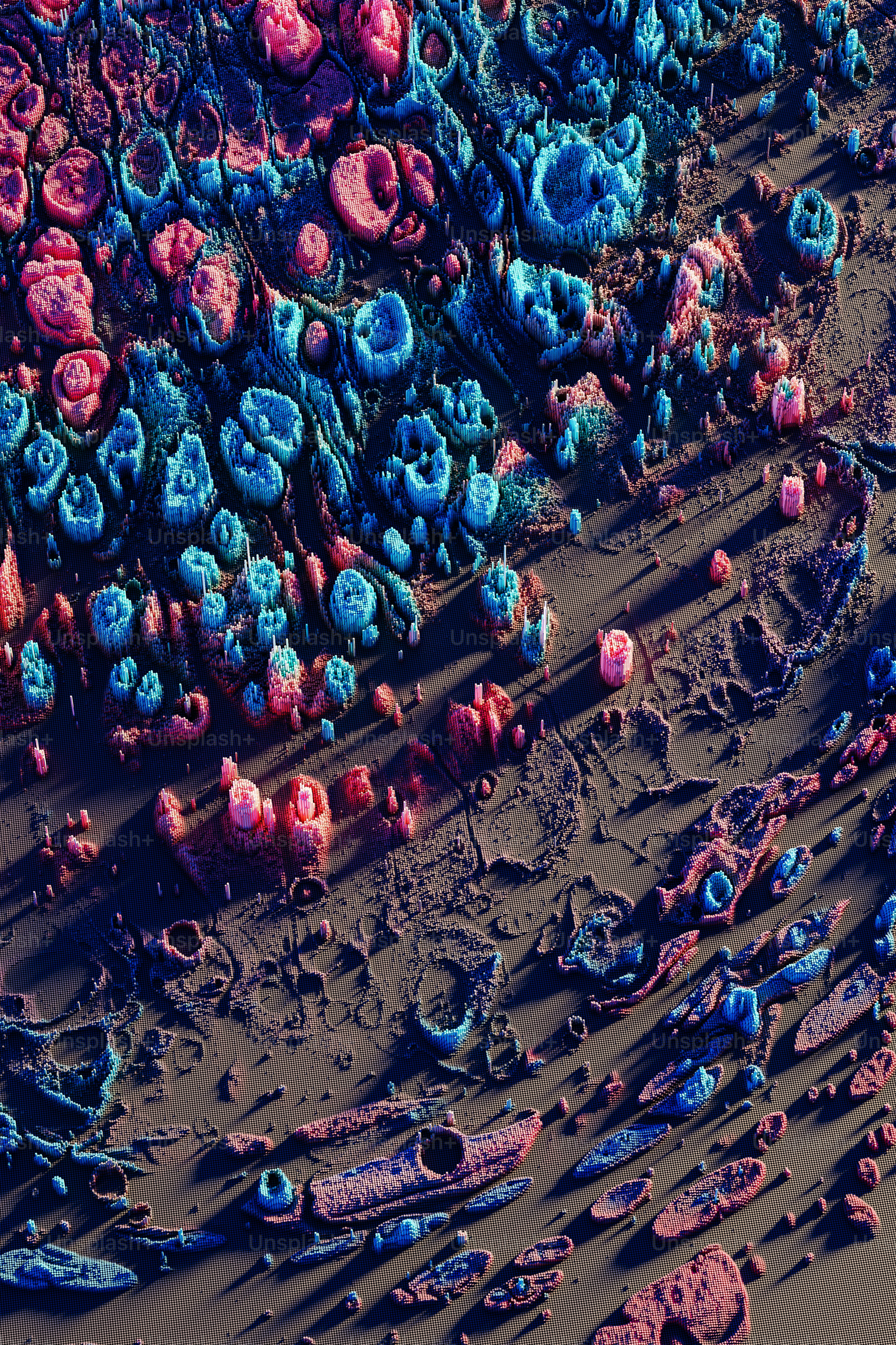 Una playa cubierta de muchas rocas azules y rosadas