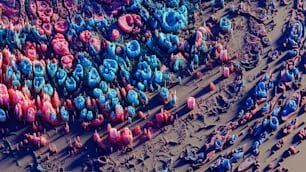 an aerial view of a group of people walking on a beach