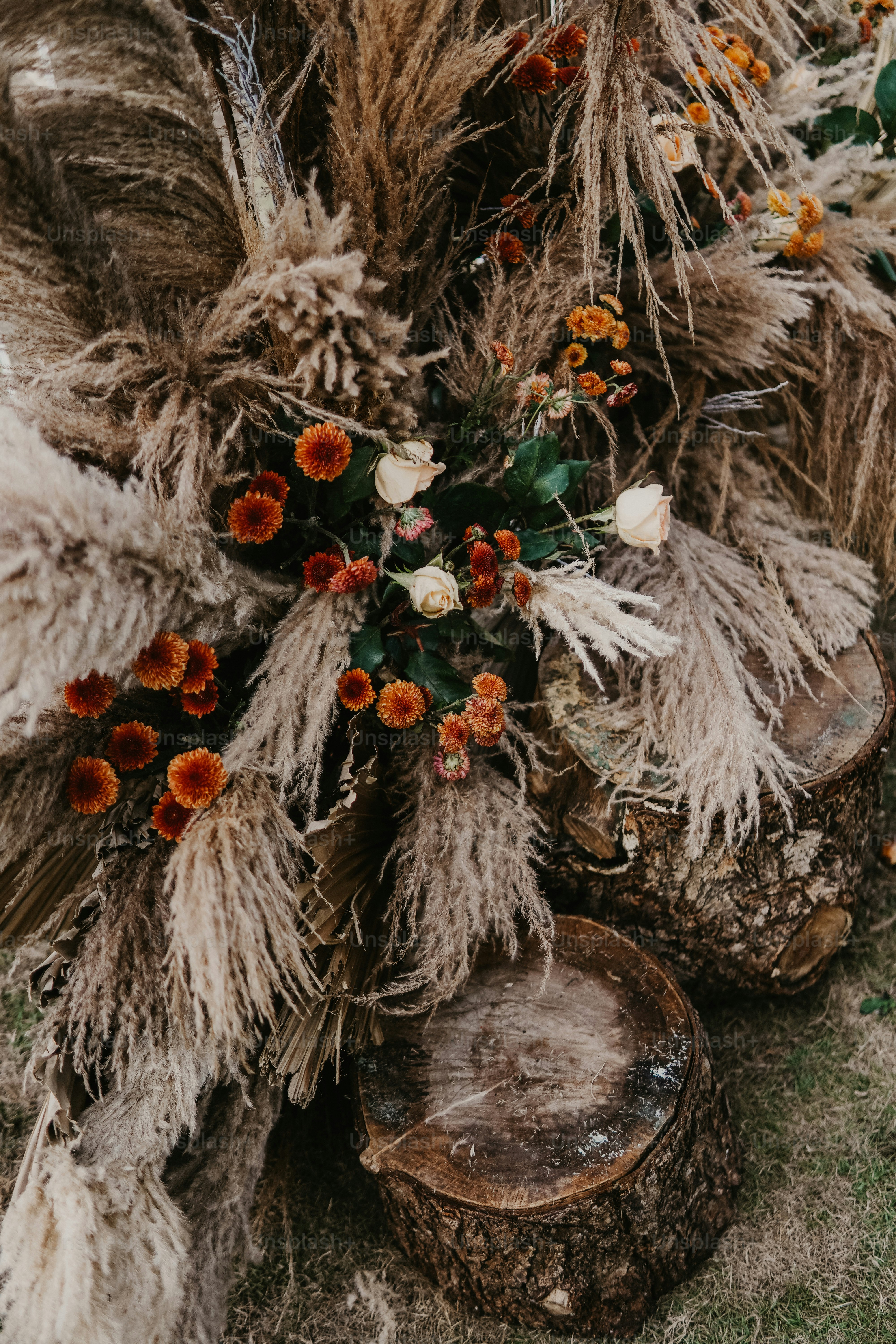 a bouquet of flowers sitting on top of a tree stump