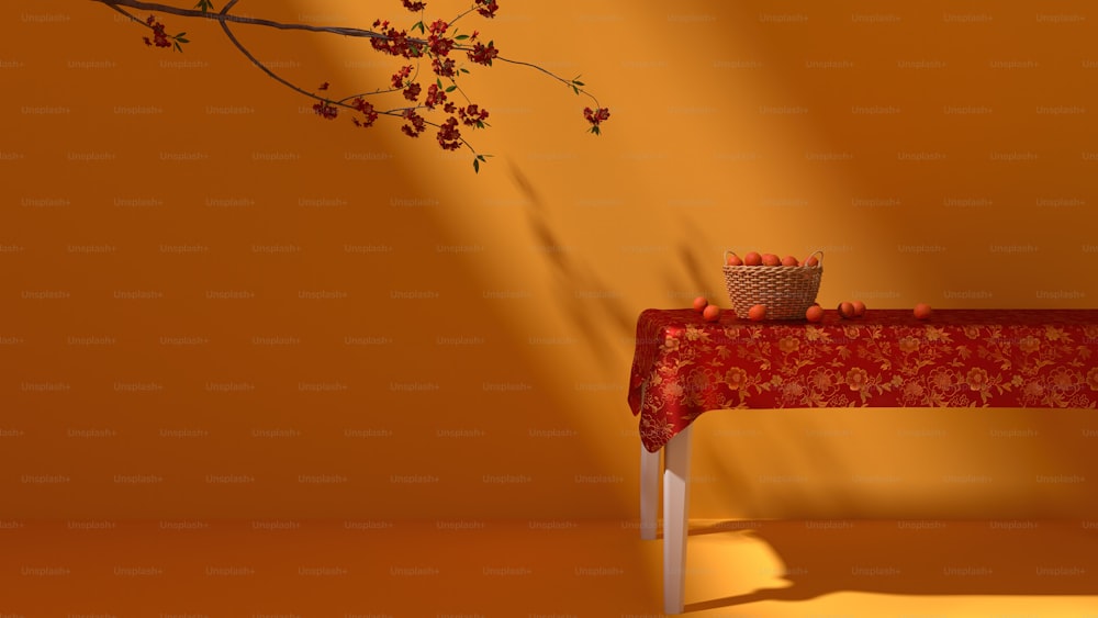 a table with a red table cloth and a vase with flowers on it