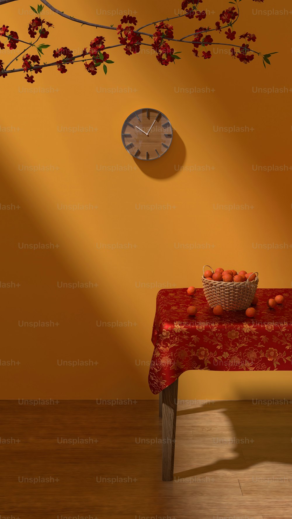 a table with a basket of oranges on top of it