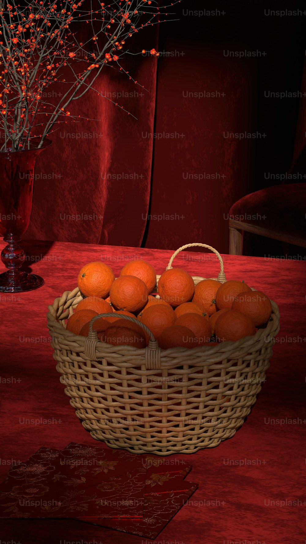 a wicker basket filled with oranges on a table