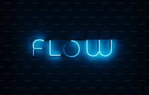 Un letrero de neón azul que dice Flow