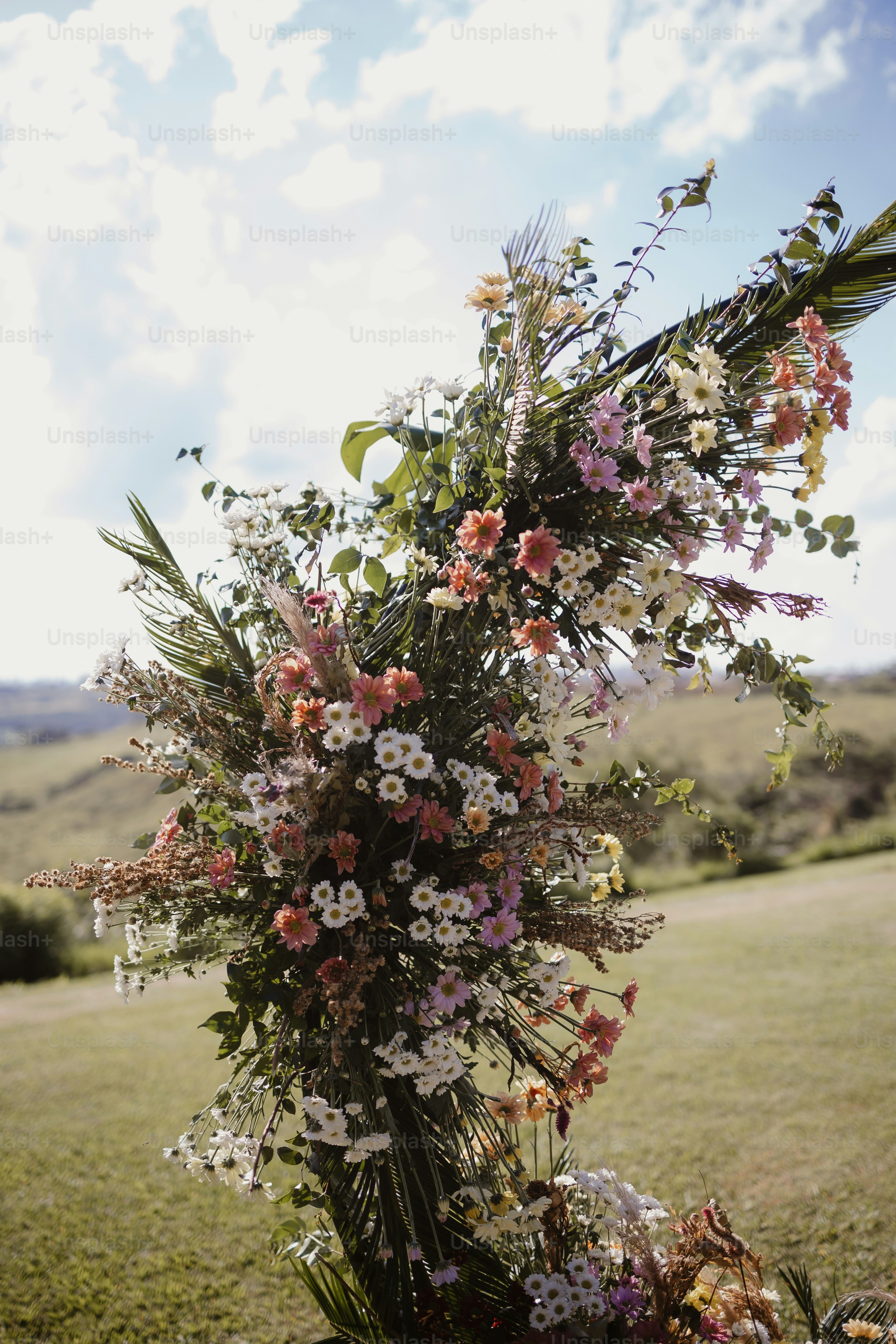 a vase filled with lots of flowers sitting on top of a grass covered field