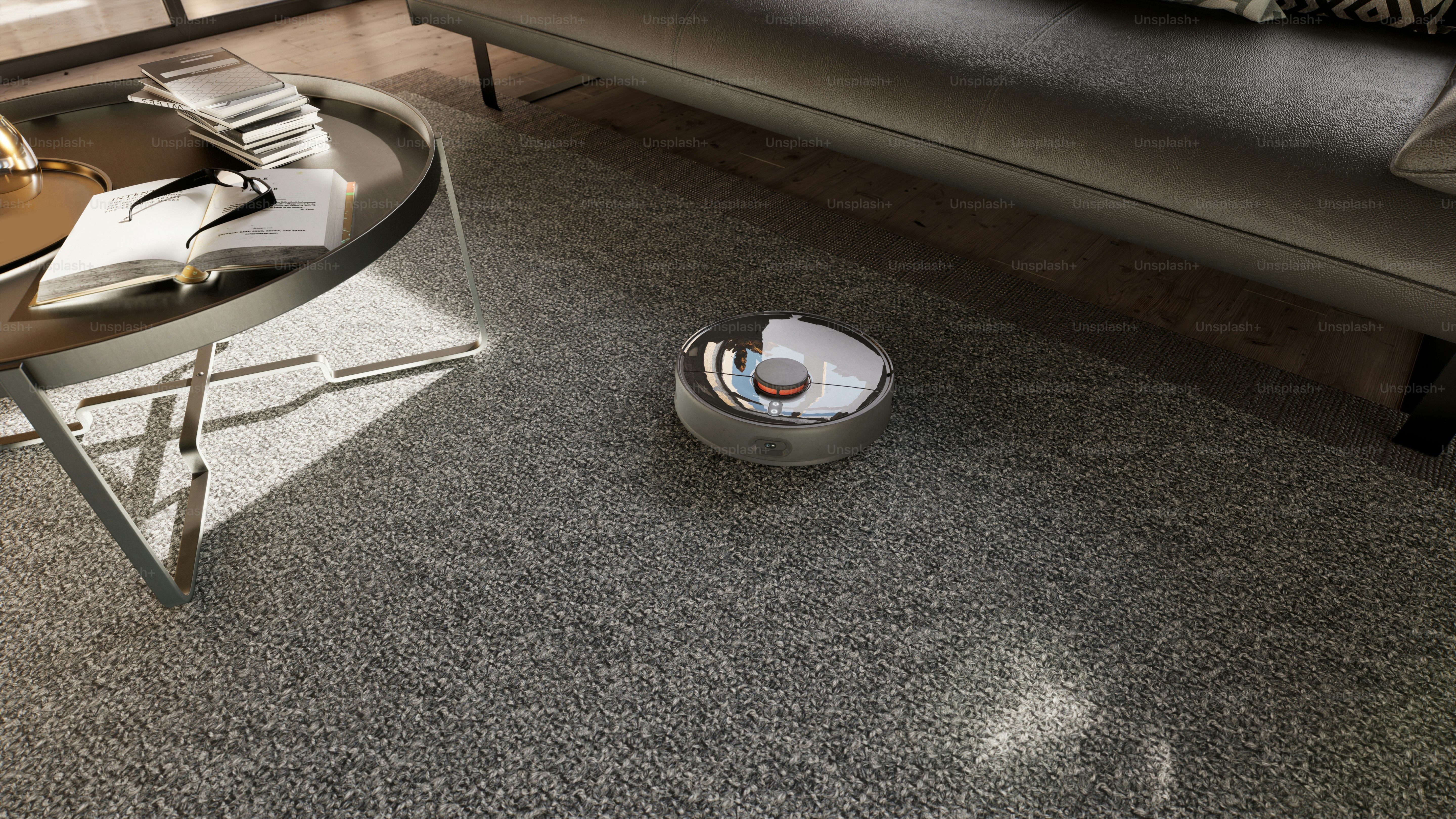 Warm modern living room with a humanoid home robot near the sofa