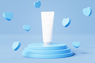 a tube of cream sitting on top of a blue stand