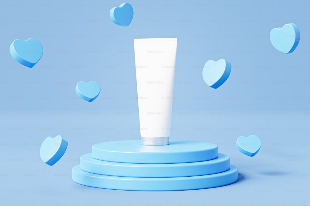 a tube of cream sitting on top of a blue stand