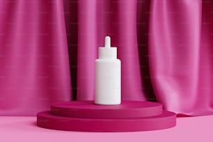 a white bottle sitting on top of a pink stand