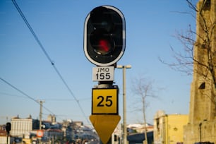 a traffic light hanging from the side of a pole