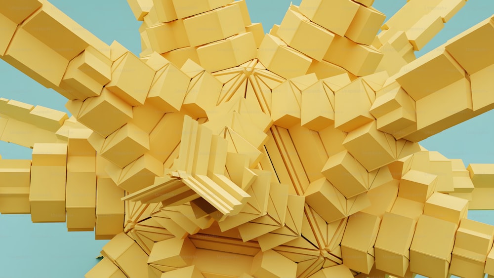 a sculpture made out of yellow boxes on a blue background
