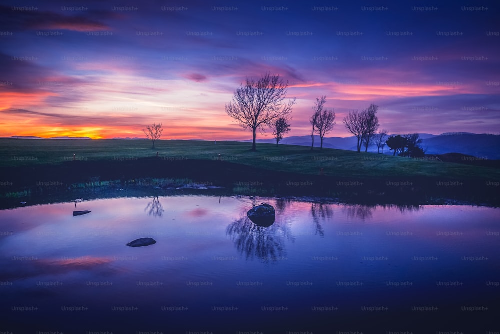 Una hermosa puesta de sol sobre un pequeño estanque en medio de un campo