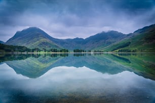 a lake surrounded by mountains under a cloudy sky