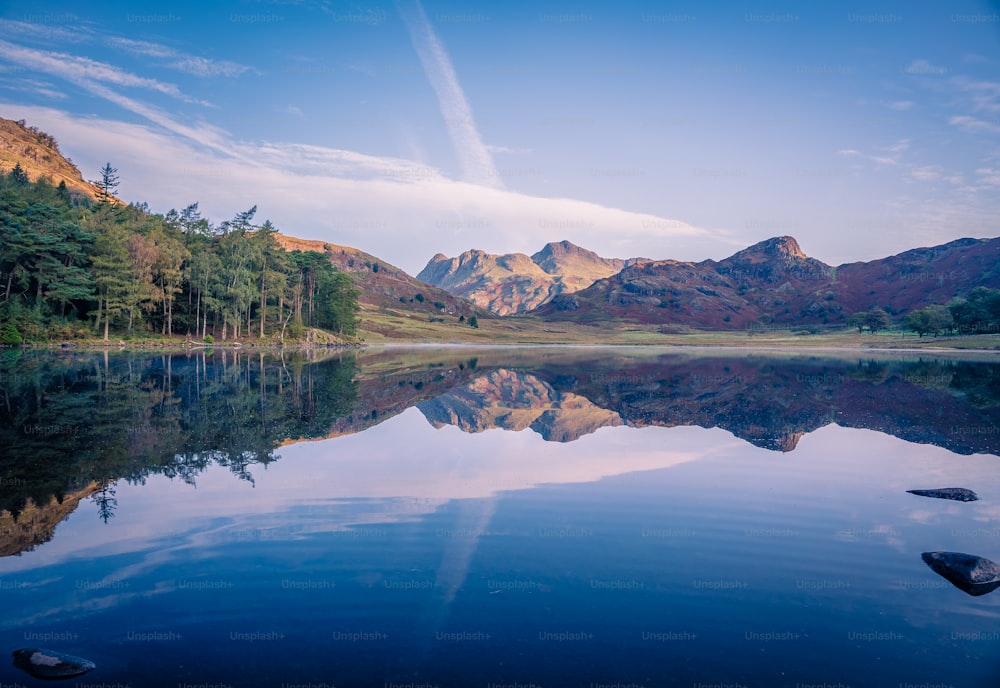 a lake surrounded by mountains and trees under a blue sky