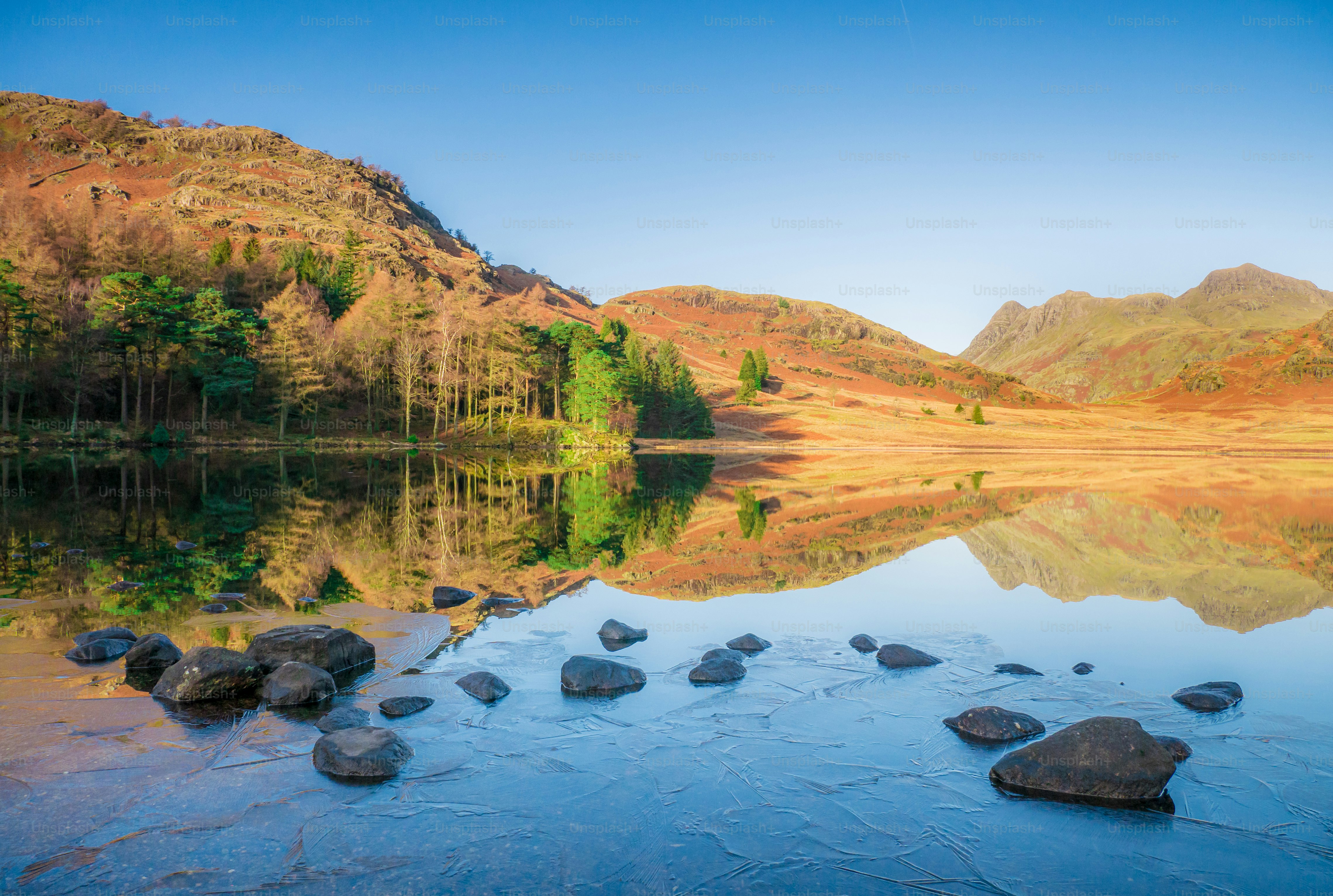 a lake surrounded by mountains and a forest