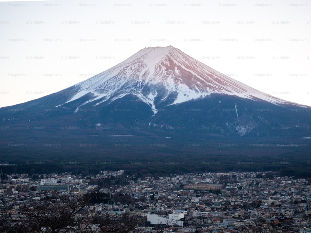 街にそびえる雪に覆われた大きな山