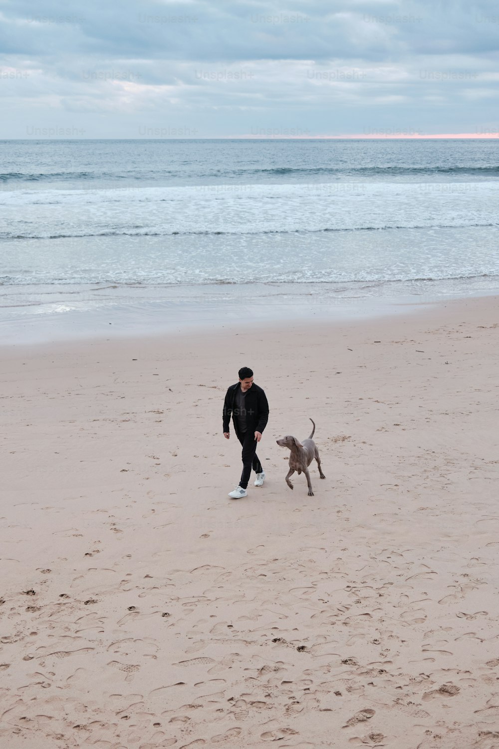 a man walking a dog on top of a sandy beach