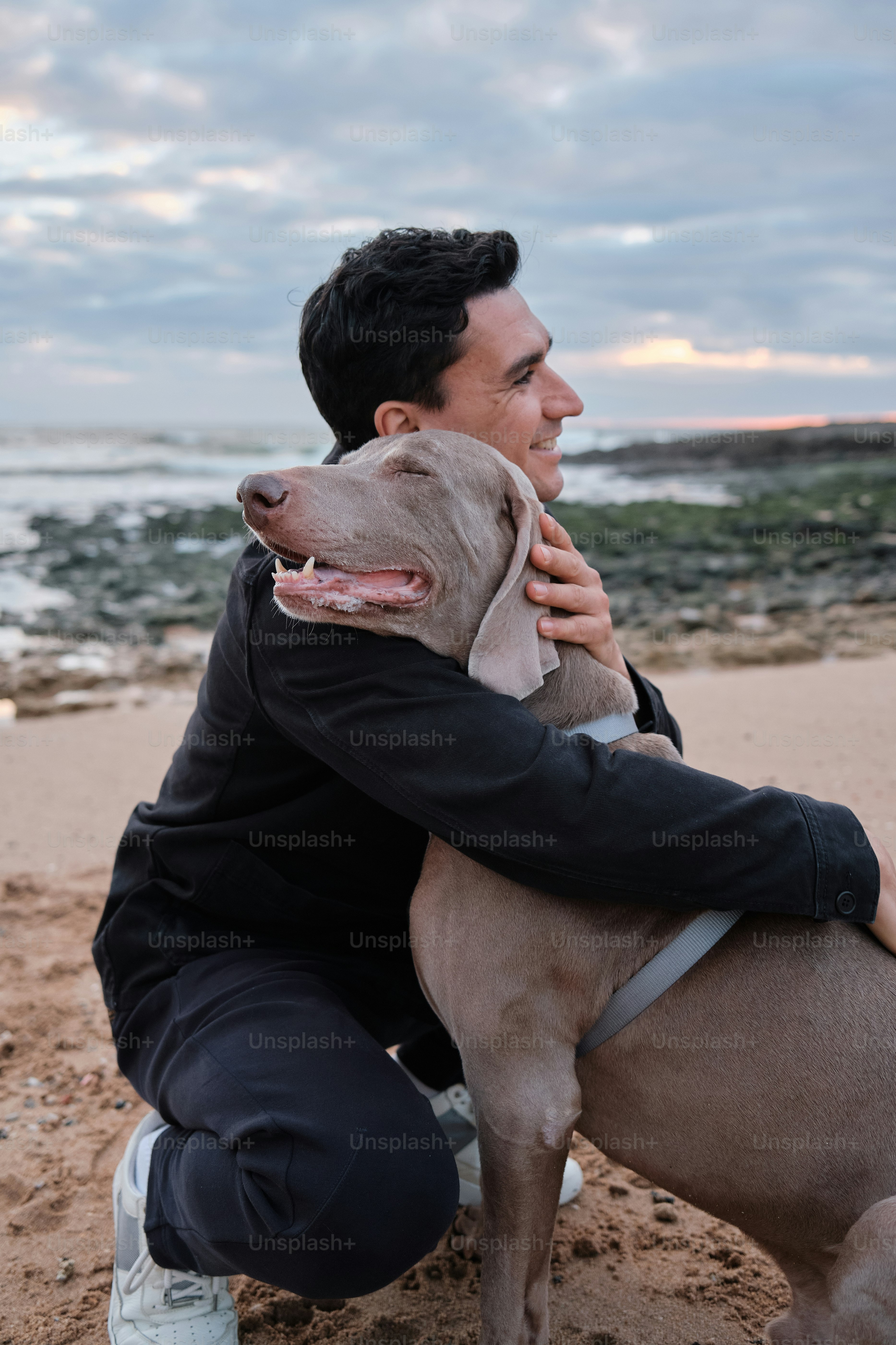 a man holding a dog on the beach