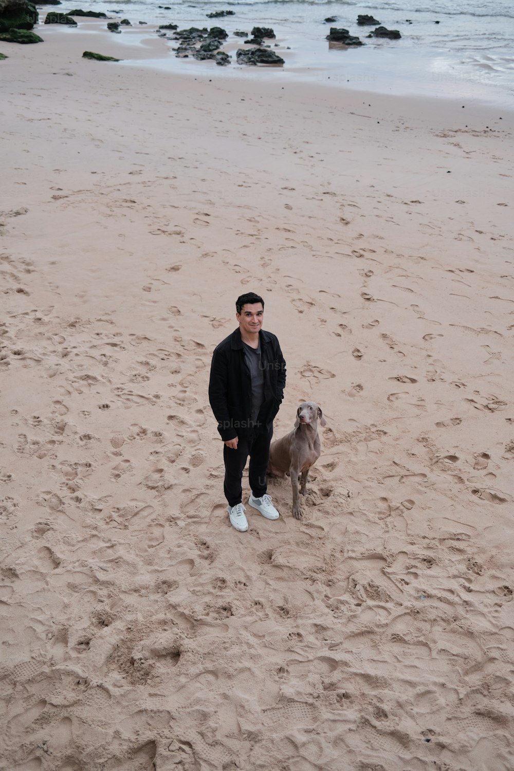a man standing on a beach next to a dog