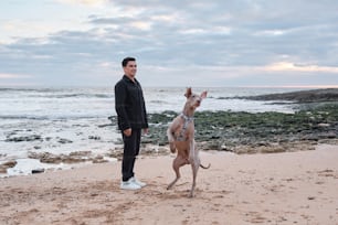 Un hombre parado en una playa junto a un perro