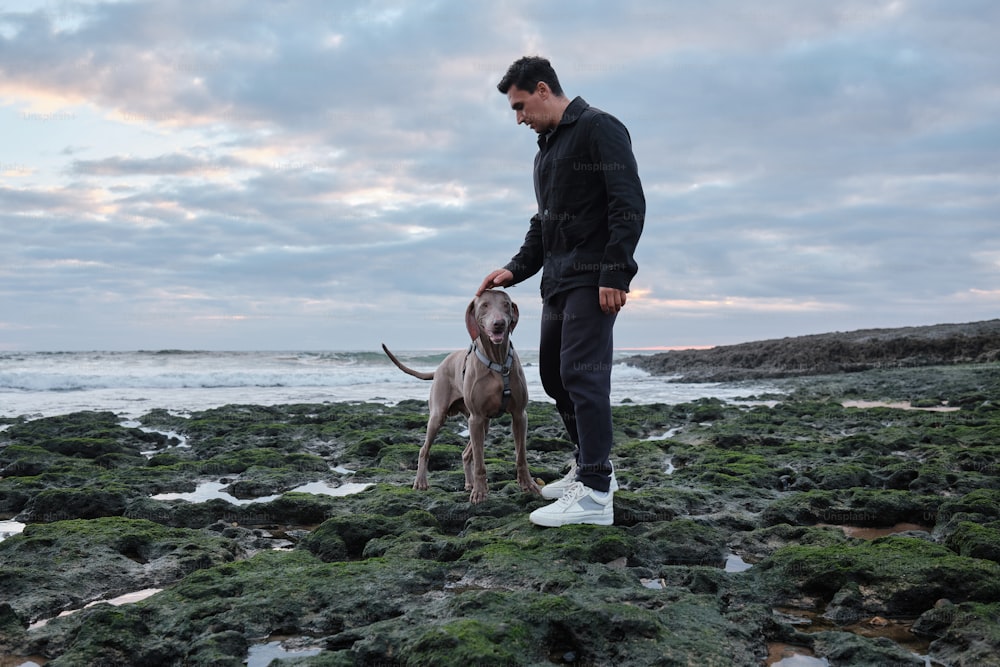 Ein Mann steht neben einem Hund an einem felsigen Strand